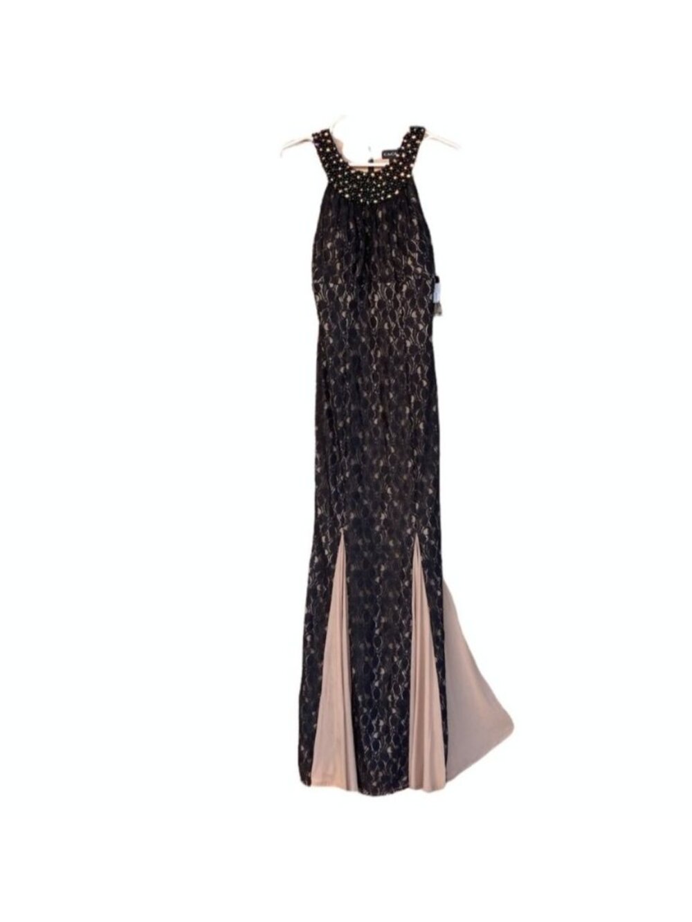 Cachet Black Lace Overlay Beaded Floor Maxi Gown Size 4 Dress Sheer Halter Eveni